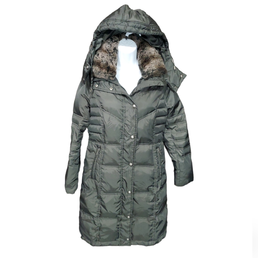 London Fog Down Gray Puffer Coat With Faux Fur Collar